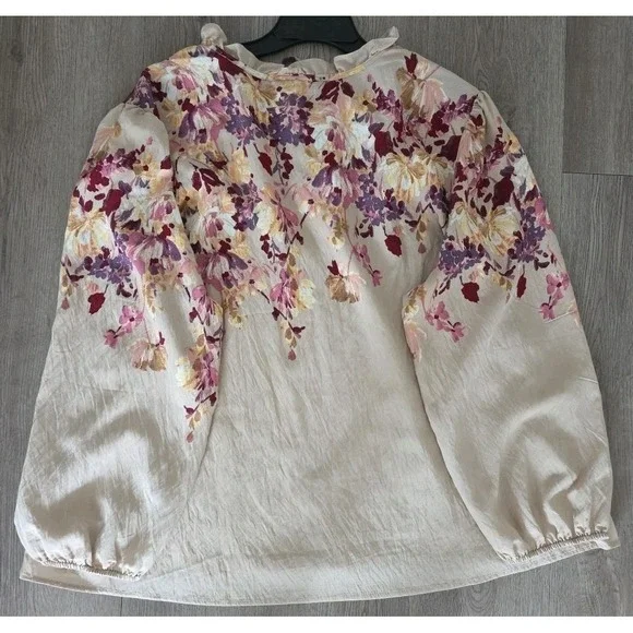 Como Black Woman 2X Floral Tie Neck Blouse Long Sleeve Rayon Beige - Picture 12 of 12